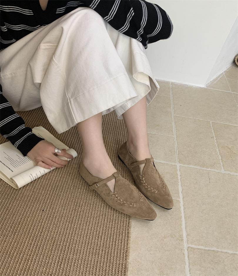 

Ретро туфли Мэри Джейн с острым носком женские 2025 осень новые универсальные мягкая подошва замша низкий каблук остроносые одинарные туфли ленивые туфли 39 хаки