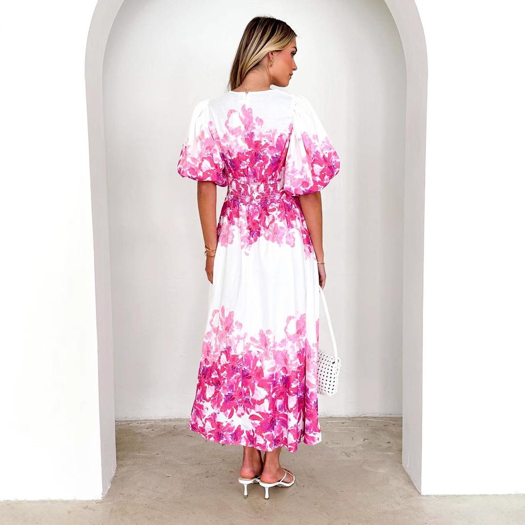 New spring and summer bubble sleeves V-neck women's clothing suspender printing fairy air medium and long temperament big pendulum dress women