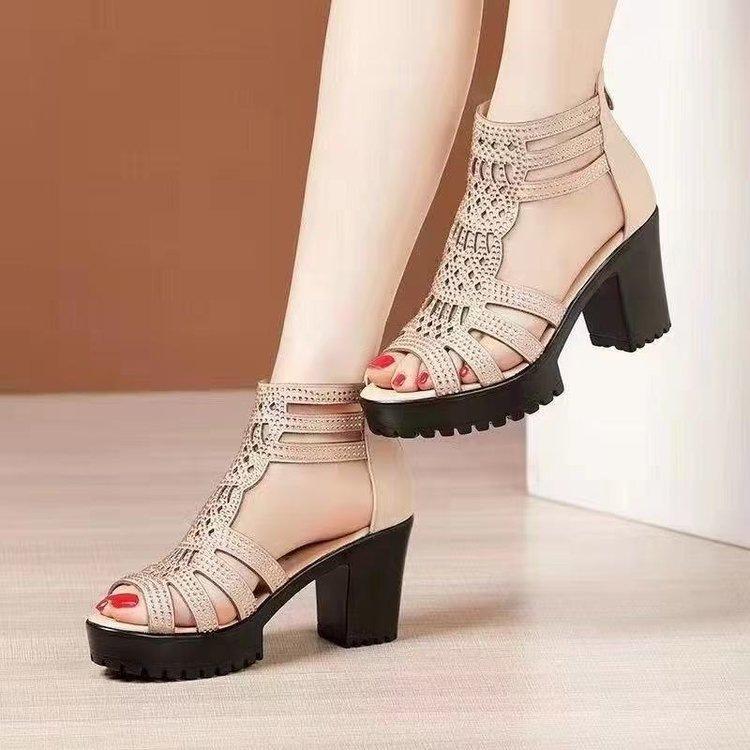 Soft leather high-heeled sandals, new summer outer wear, soft-soled middle heel hollow thick-soled non-slip fish mouth shoes