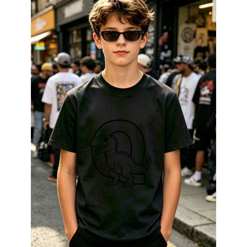 Boys Crewneck Short Sleeve T-Shirt, Cute Q Version Spotted T-Rex with Arch Hollow Circle Letter Q Print