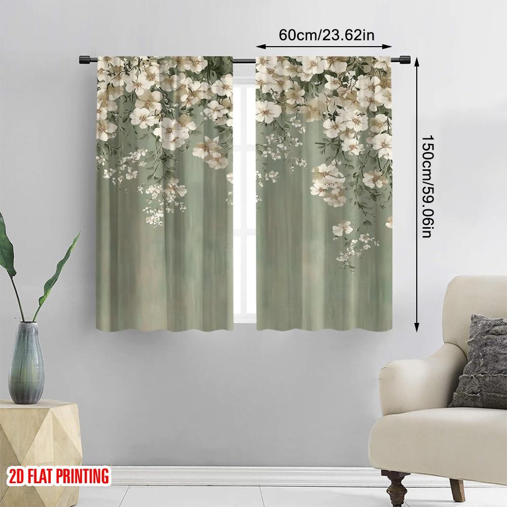 2 st Osäljbar Rea Fönstergardiner Eleganta gröna och vita blommor Mångsidig 100% Polyester, Utan Elektricitet Vårfest &