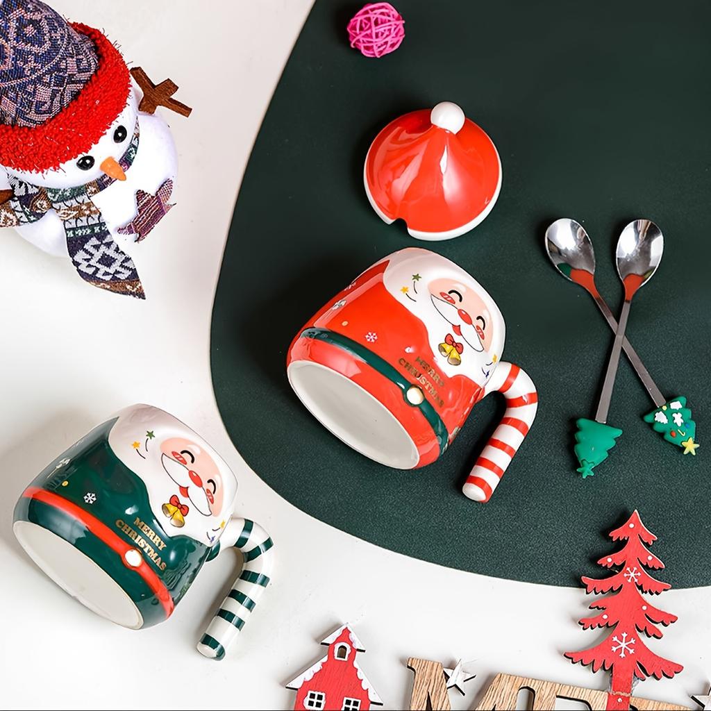 KEPEAK Christmas Santa Claus Ceramic Mugs with Lids and Spoons Animal Print Portable BPA-Free Festive Coffee Cups Set for Gifts