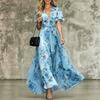 European and American Summer Elegant and Sexy Deep V-neck Lotus Leaf Sleeve Bohemian Print Dress