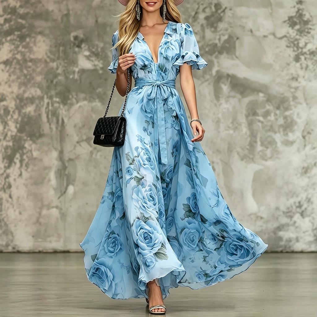 European and American Summer Elegant and Sexy Deep V-neck Lotus Leaf Sleeve Bohemian Print Dress