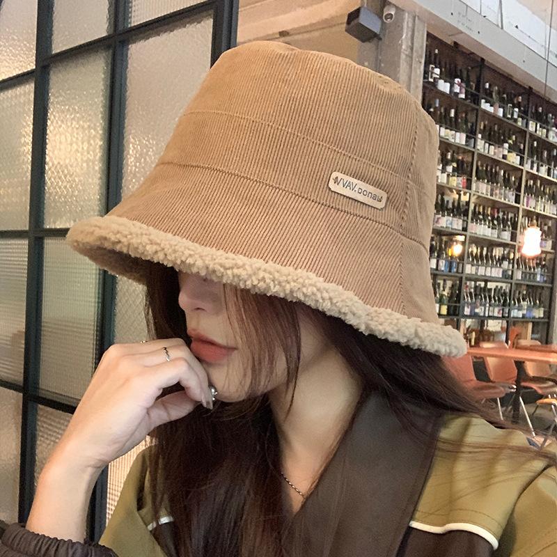 Plush bucket hat winter plush thickened warm hat women's big head circumference thin white fashion versatile bucket hat