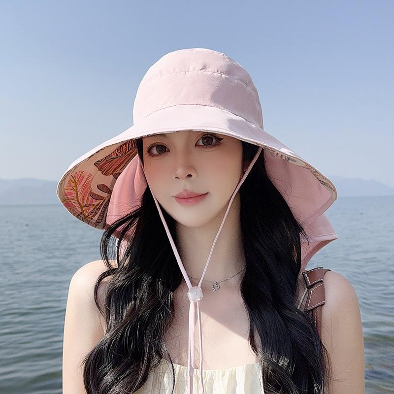 8548 Summer Sunscreen Visor Big Brim Shawl Bucket Hat Fashion Bow Empty Top Ponytail Hat Women