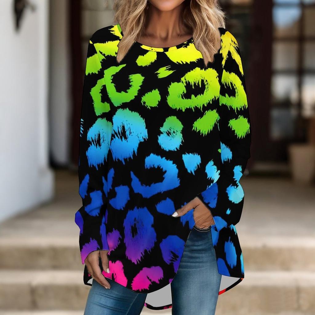 Women Long Sleeve Tunic Top Print Crew Neck Loose Fit Blouse With Pockets Casual Daily Wear Ladies Tops