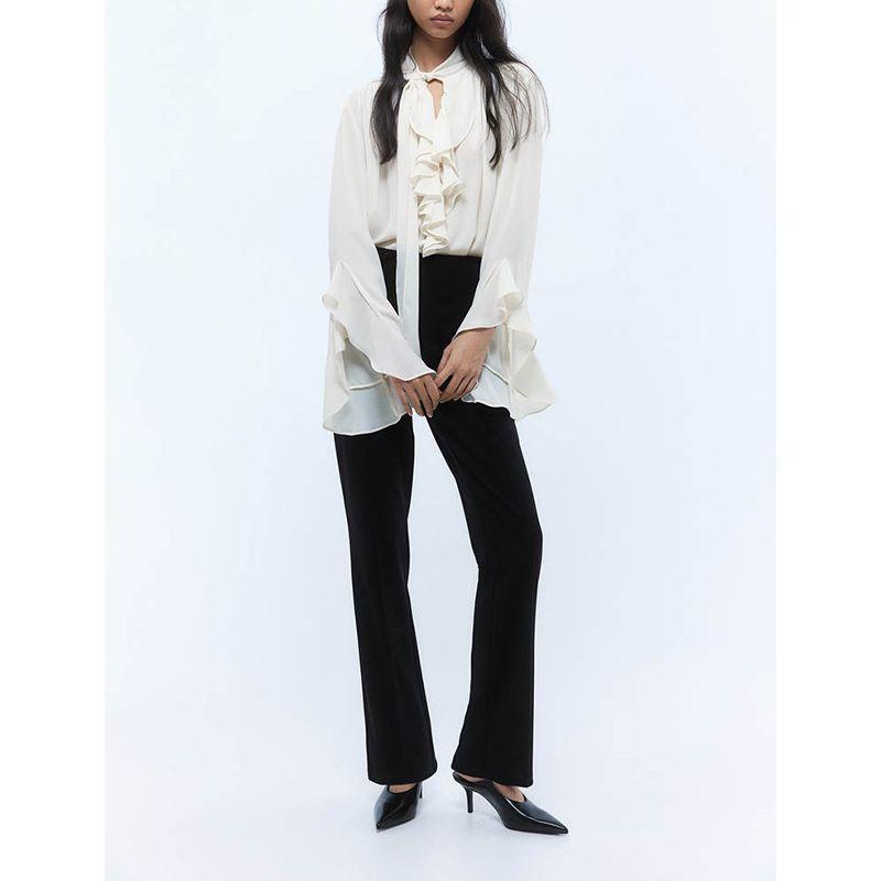 Summer New Women clothes French style Design Stand Collar Long sleeve Frill Neckline Lace-up Top 1264464