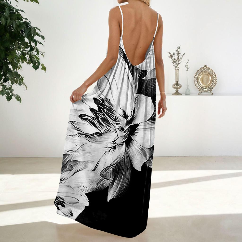 Women's Fashion Backless Spaghetti Strap Casual Loose Floral Print Dress