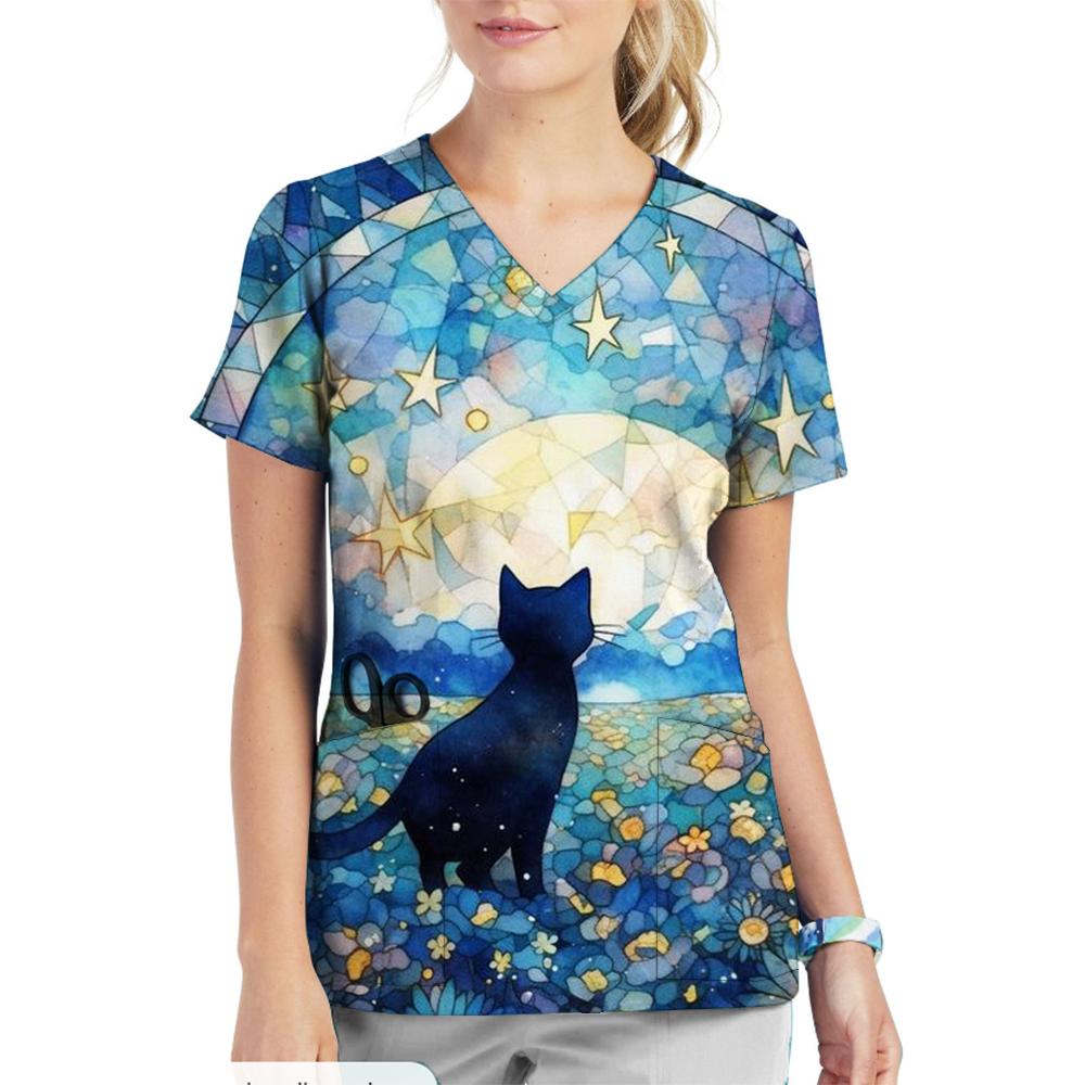 Krankenschwester Uniform V-Ausschnitt Cartoon Katze Hund Muster Bedruckte Oberteile Kurzarm Taschen Damen T-Shirts