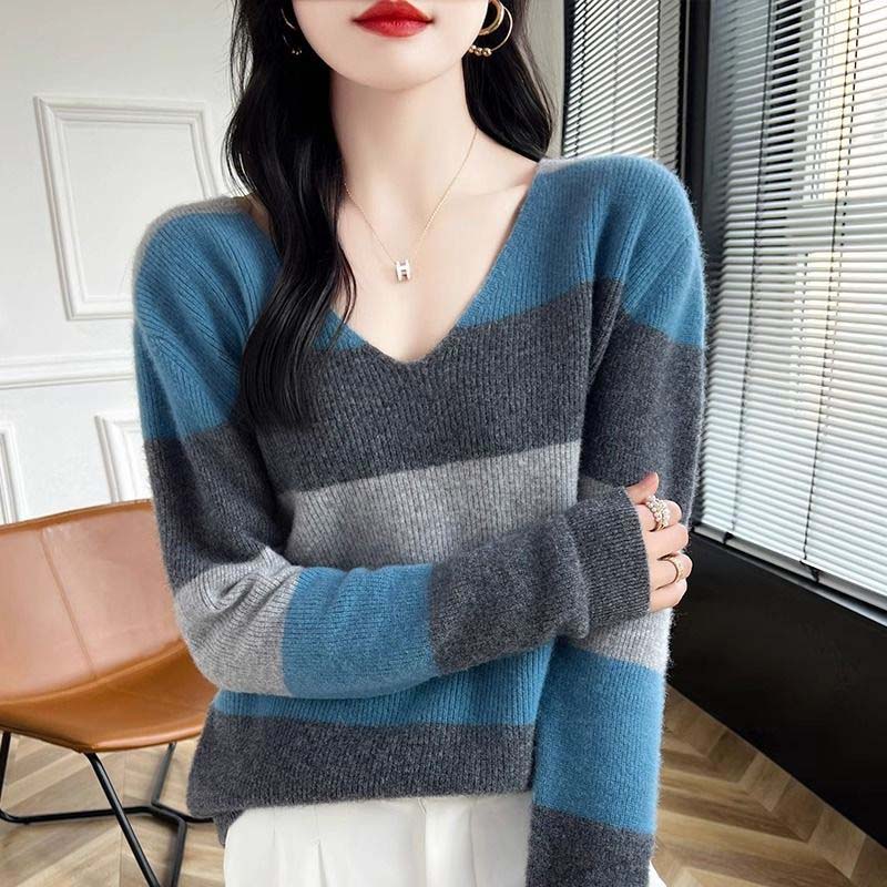 Sweater for Women Autumn Winter Thickened Warm Knitted Stretchy Long Sleeve V-neck Tops