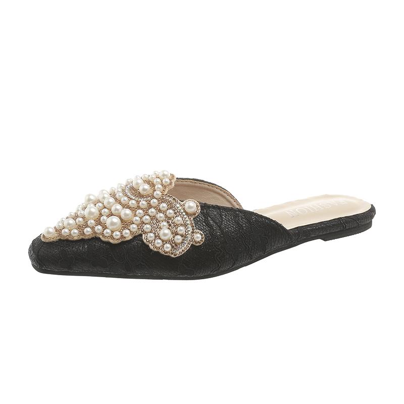 

Модные роскошные мюли-слайды с жемчужными украшениями, женские элегантные сандалии на плоской подошве с острым носком и кружевной отделкой, женские шикарные вечерние туфли для вечеринки с ниткой и бусинами 35