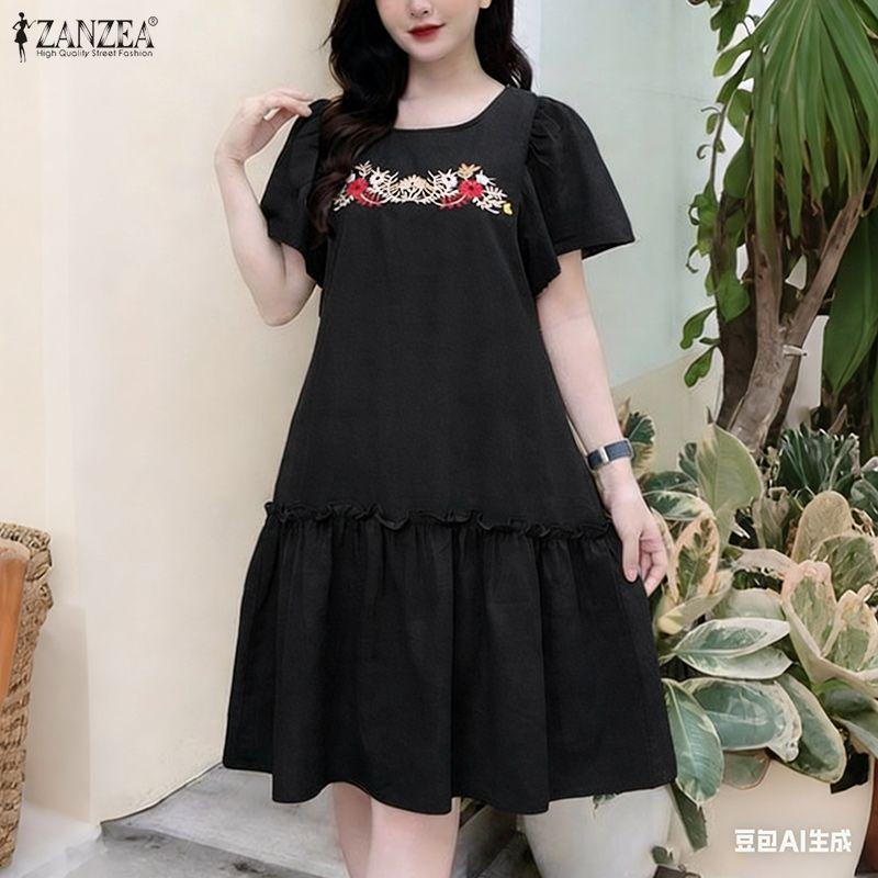 ZANZEA Women Casual Round Neck Loose Floral Embroidery Short Sleeve Dress