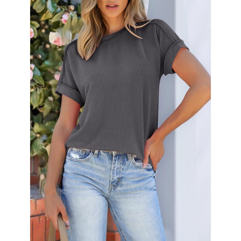 Summer New Round Neck Outer Seam Twisted Strip Short Sleeved Simple Loose T-shirt for Women