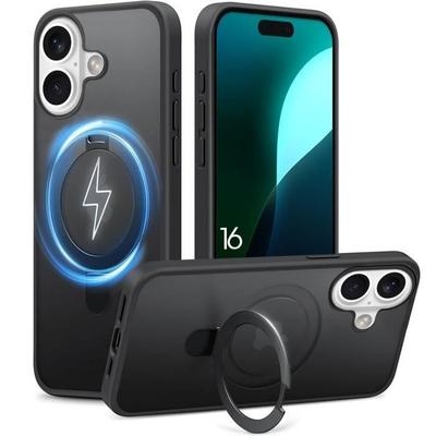 Protective Case - BOOLING - for iPhone 16 - Shockproof - Magnetic Ring Stand - Black