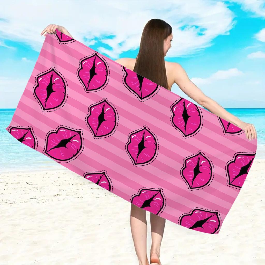 Pink Lips Print Beach Towel Quick Dry Sand Free Stripe Pattern Lightweight Towel for Women Beach Pool Travel Summer