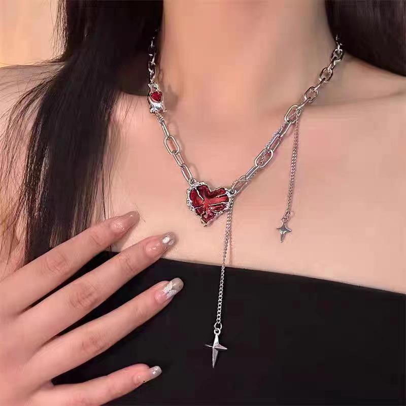 Red Heart Tassel Sweater Necklace - Hip Hop Design Jewelry