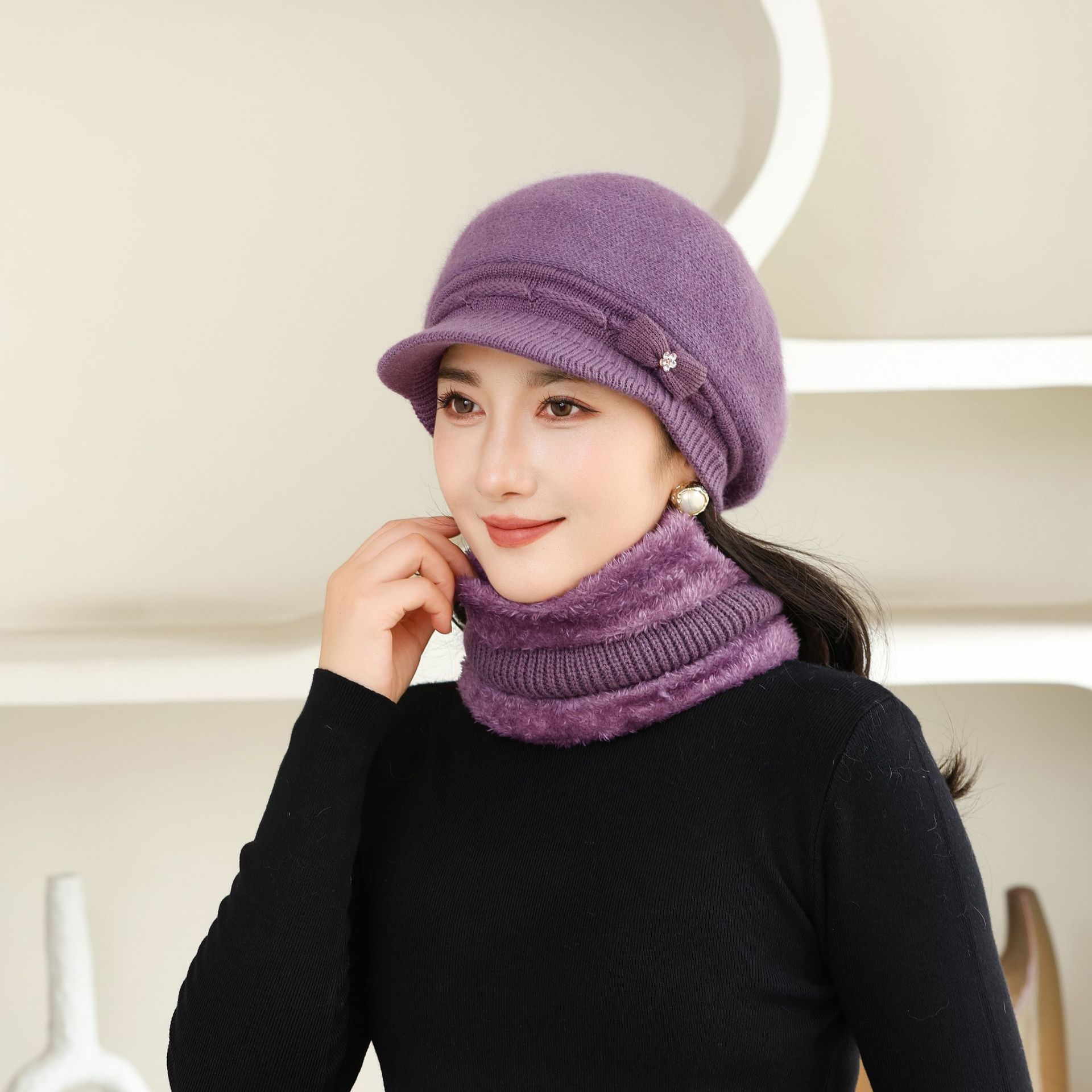 

New Winter Style Old Lady Windproof Plus Eeled Duck Tongue Knitted Wool Hat for Girls Mother Rabbit Hair Warm Hat average size