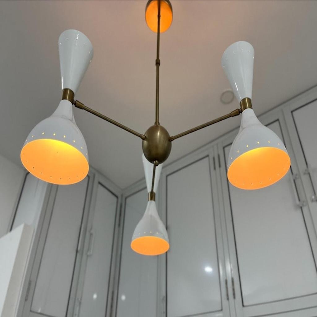 Modern Stilnovo 3 Arms Handmade Chandelier 6 Lights Mid Century Light Fixture Italian Design Chandeliers Raw Brass And White Decorative