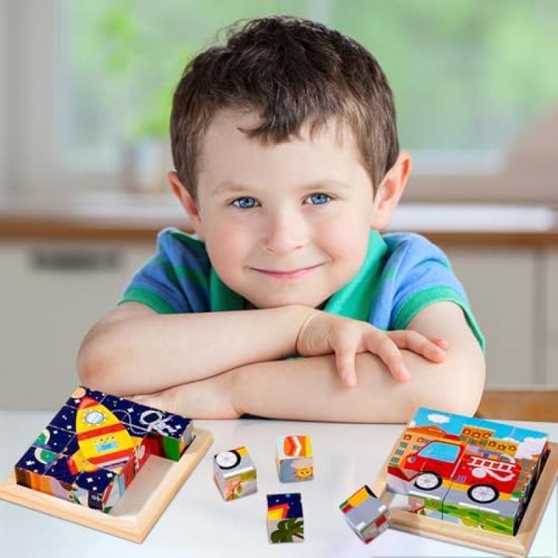 Bilderwürfel Holz 16-Piece Wooden Cube Puzzle 3D Puzzle Game Montessori Educational Toy for Boys Girls Ages 2 3 4 Years Old