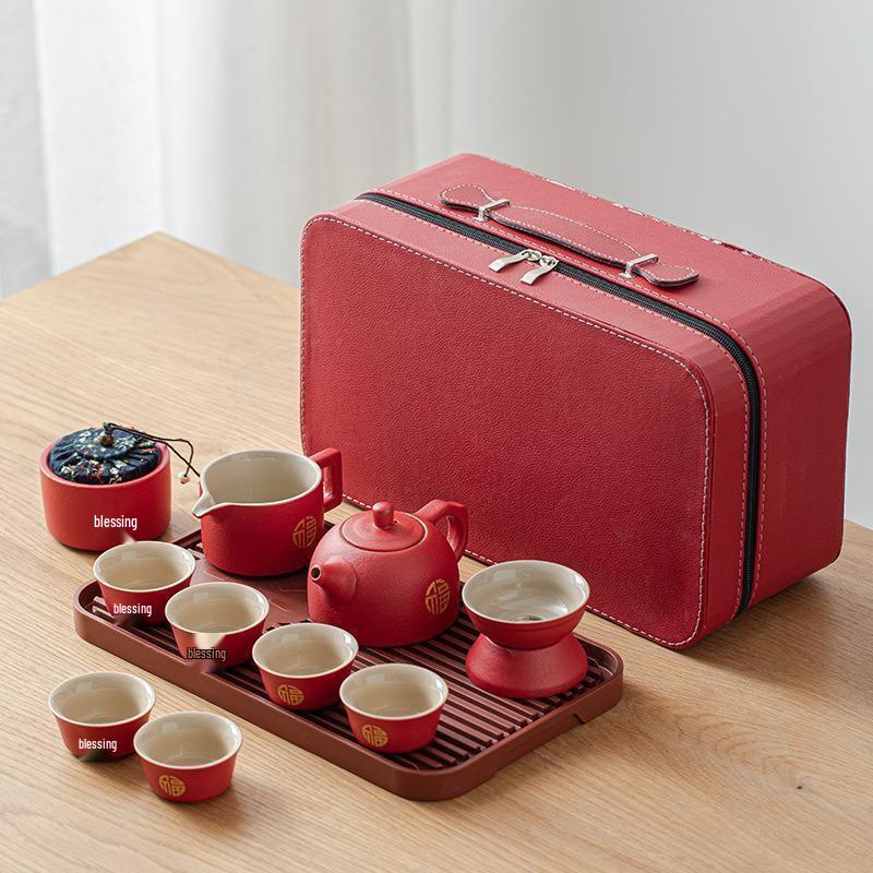 

Red Ceramic Travel Tea Set with Fortune Motif