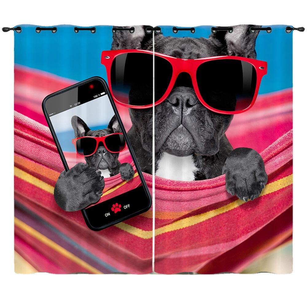 Curtains Summer Vacation Cool Cats And Dogs 3D Digital Printing Blackout Curtain Punching
