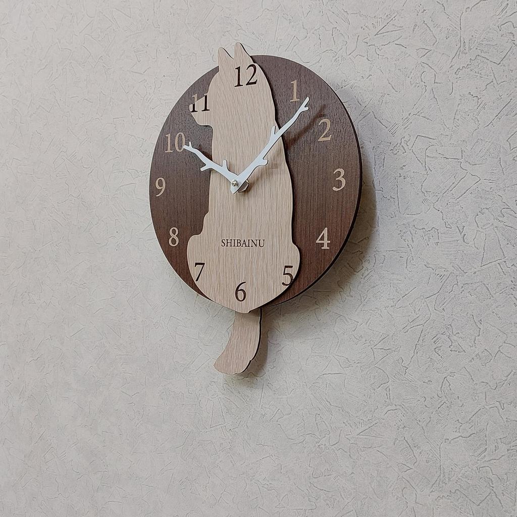 Shiba Inu Beige Wall Clock with Pendulum, Wooden Design, Quiet, Natural, Stylish, Dog Lover's Gift, Dog Motif, Nordic Style, Cute, Wagging Tail