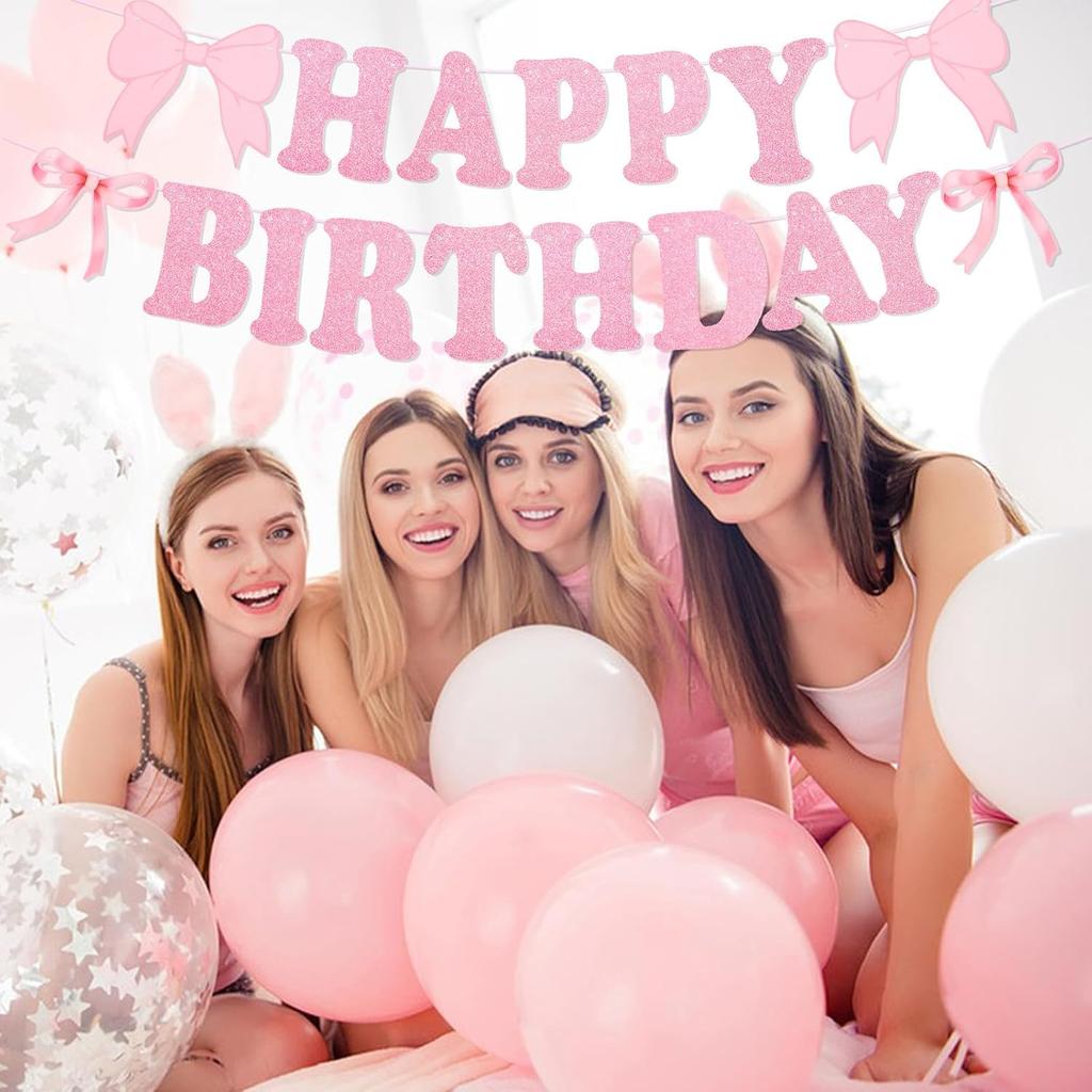 Pink Happy Birthday Banner, Bow Themed Party Decorations Hanging Set Pink Bowes Banner for Women Party Decorations