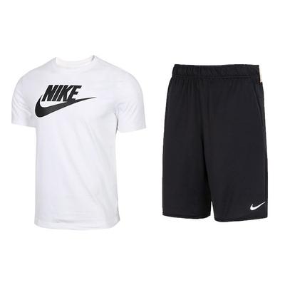 Colorblock Buchstaben-Logo Print Rundhals Kurzarm T-Shirt und Einfarbige Lockere Straight Leg Shorts Lässiges Sportset Herrensets AR5005-101+DV9329-010