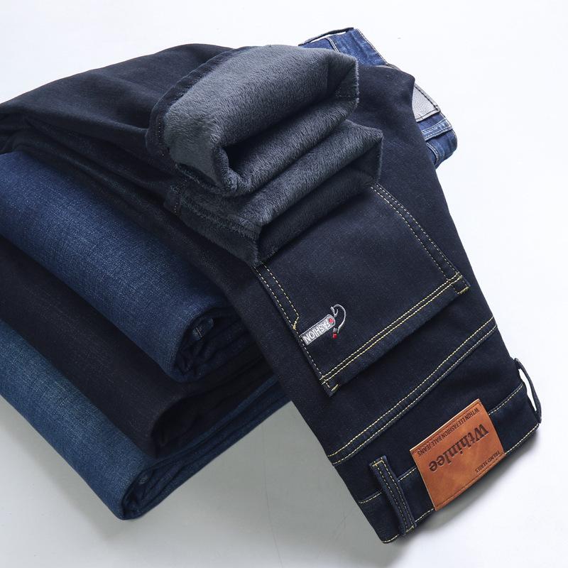 Elastický sametový zesílený pánský džíns rovný volný ležérní velké velikosti zimní bavlna módní teplé dlouhé kalhoty