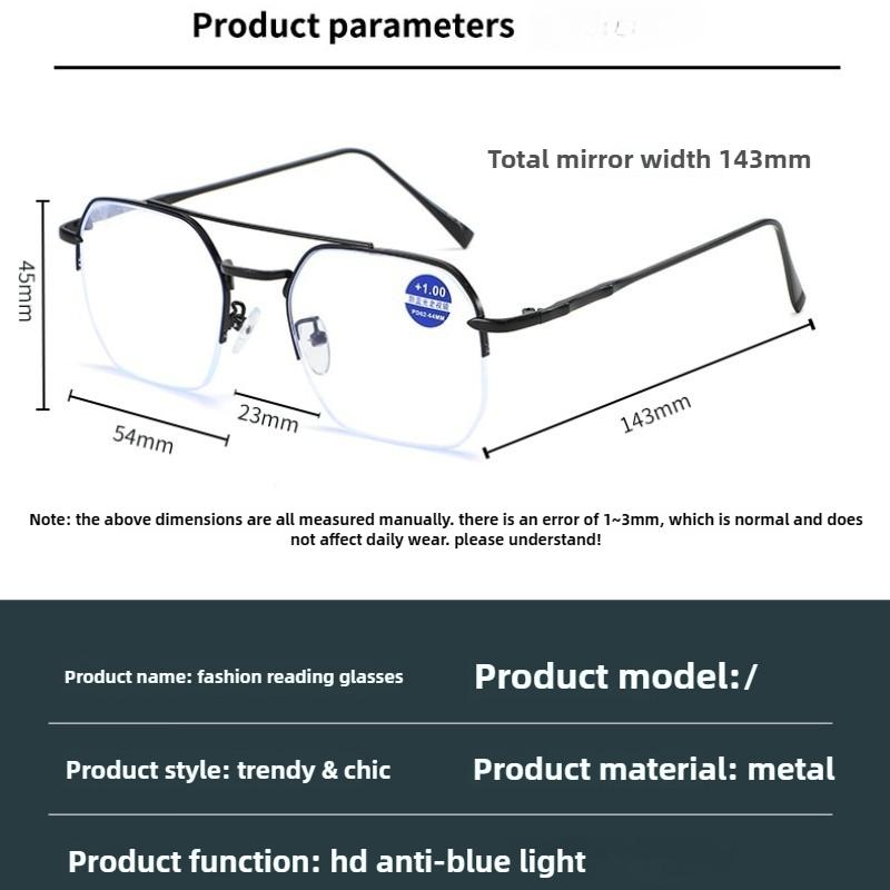Retro Double-Bridge Square-Frame Presbyopia Glasses Stylish Metal Half-Frame Blue Light Blocking Reading Glasses Men Goggles