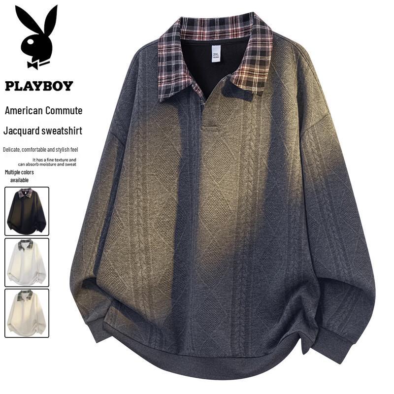 PLAYBOY Men's Oversized Plaid Patchwork Polo Sweatshirt