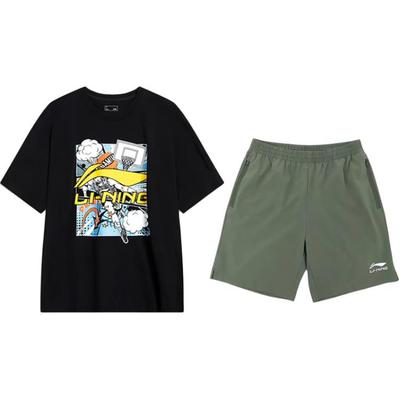 Li Ning Round Neck Pullover Cartoon Logo Letter Print Fashion Versatile Comfortable Casual Sports Suit Unisex Suit AHSU805-1+YKSV147-1