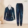 Women Plus Size V Neck Long Sleeve Scrub Set Purple Pink Cosmic Swirl Galaxy Print Nurse Uniform Set