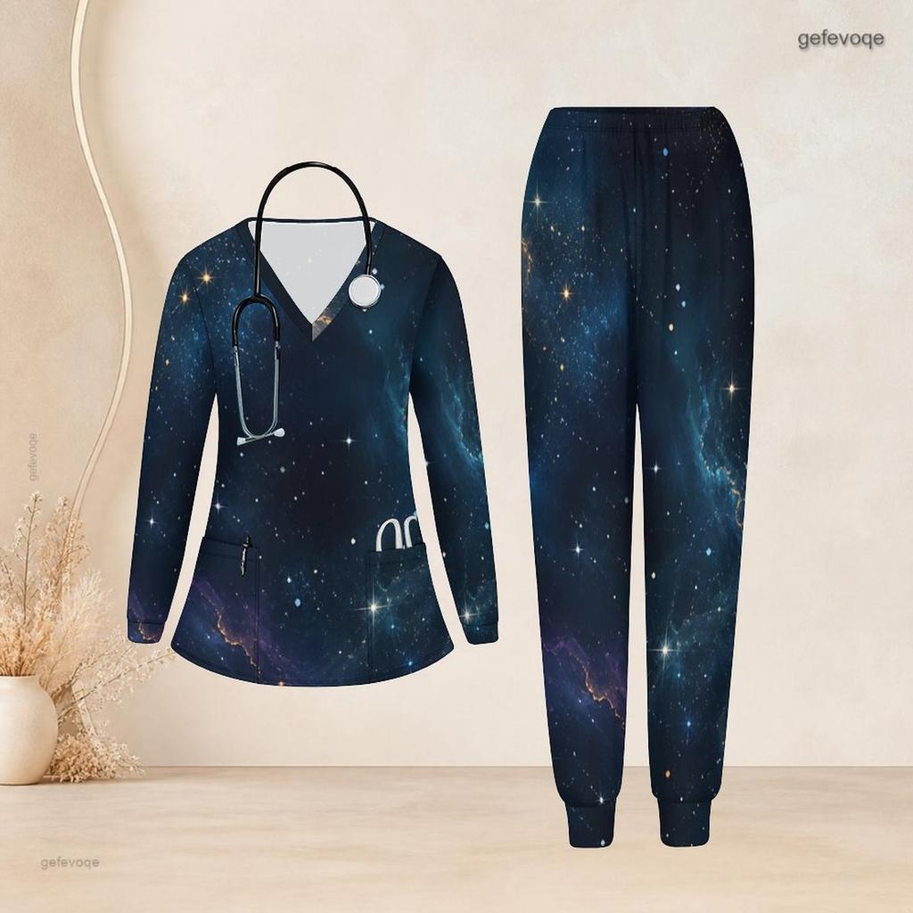 Women Plus Size V Neck Long Sleeve Scrub Set Purple Pink Cosmic Swirl Galaxy Print Nurse Uniform Set