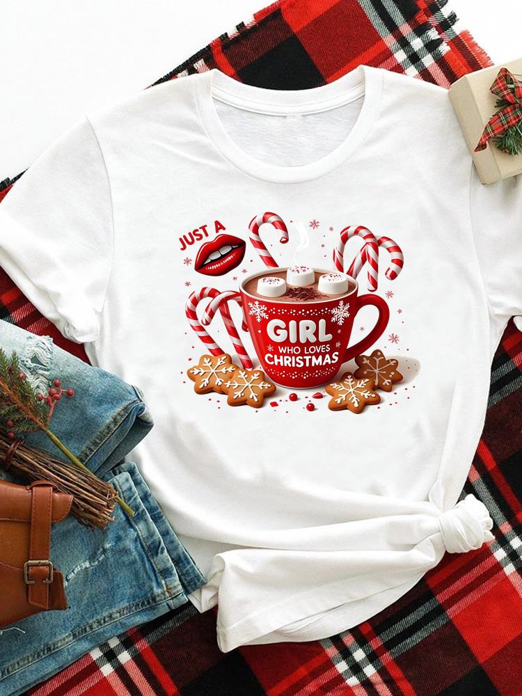 (Asian Size) merry Christmas new year o-neck Women's Top T Clothing Print lovely trend cute Short Sleeve T-shirts Fashion holiday Graphic Tee
