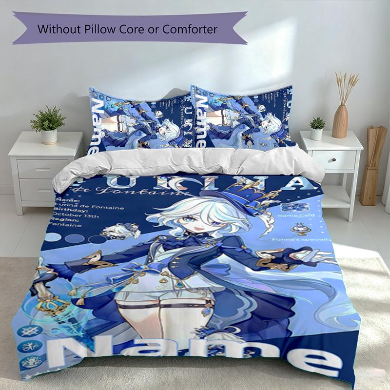 3pcs Custom Name Genshin Impact Furina Set,Includes 1 Duvet Cover and 2 Pillowcases,All-season Bedroom Decor