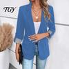 3/4 Sleeve Women Blazer Lapel Collar Blazer, Open Front Business Comfortable with Pockets Casual Suit Jacket, Office Work Short Button Jacket