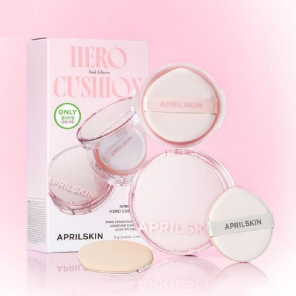 [One-Layer Seamless Coverage] Aprilskin Hero Cushion Pink Edition – Compact + Refill + 2 Puff Set / KOREA COSMETIC