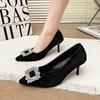 Women Shoes Fashion Rhinestone Square Buckle Bridesmaid Wedding Shoes Solid Flock Pointed Toe Stiletto Pumps French High Heels