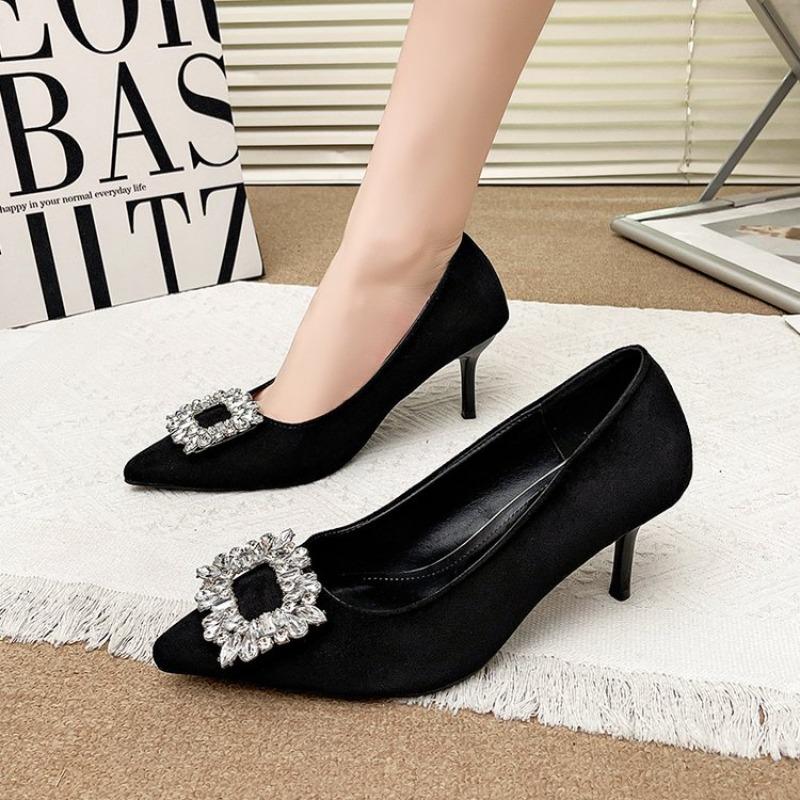 Women Shoes Fashion Rhinestone Square Buckle Bridesmaid Wedding Shoes Solid Flock Pointed Toe Stiletto Pumps French High Heels