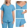 Women's Short Sleeved Color Round Neck Pocket Top Pants Work Clothes Two Piece Set