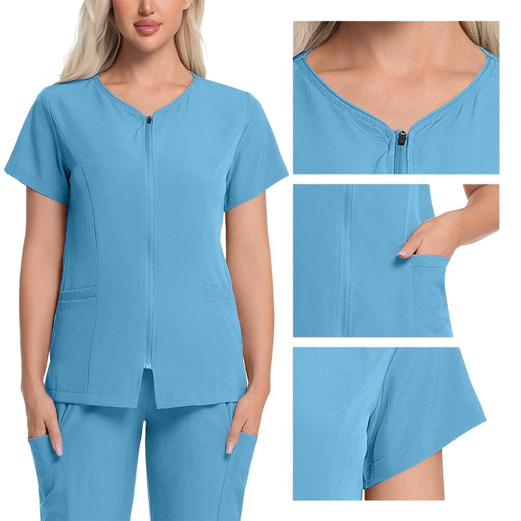 Women's Short Sleeved Color Round Neck Pocket Top Pants Work Clothes Two Piece Set