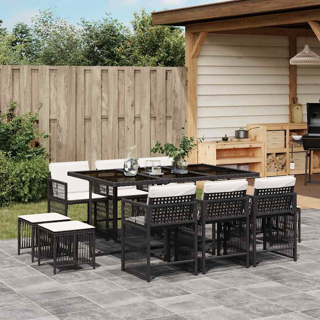 11 Piece Outdoor Dining Set with Cushions Black Poly Rattan