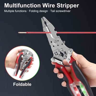 Wire Stripper with Integrated Voltage Tester and Stainless Steel Construction for Electrical Repairs and Wiring
