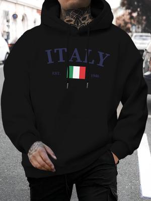 Italy Flag Graphic hoodie-Casual Pullover Sweatshirt with Bold ITALY Lettering & 1945 Design - Black Casual Pullover Sweatshirt