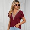 V-neck Petal Short Sleeve Women T-shirt Summer Golden Lace Stitching Loose Pullover Top Streetwear
