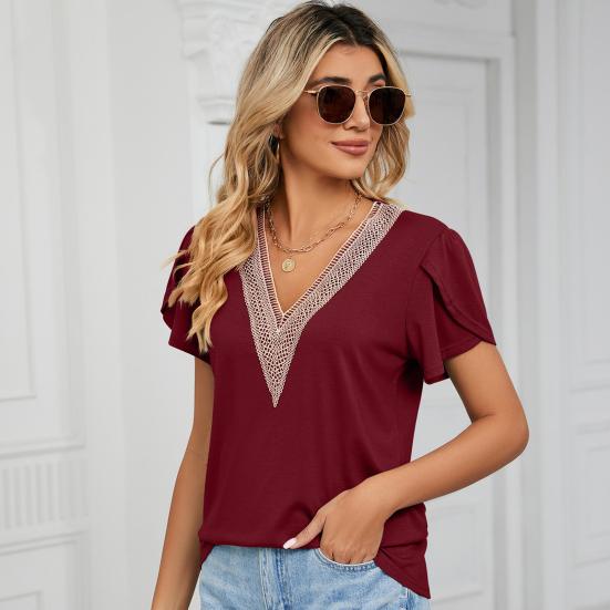 V-neck Petal Short Sleeve Women T-shirt Summer Golden Lace Stitching Loose Pullover Top Streetwear
