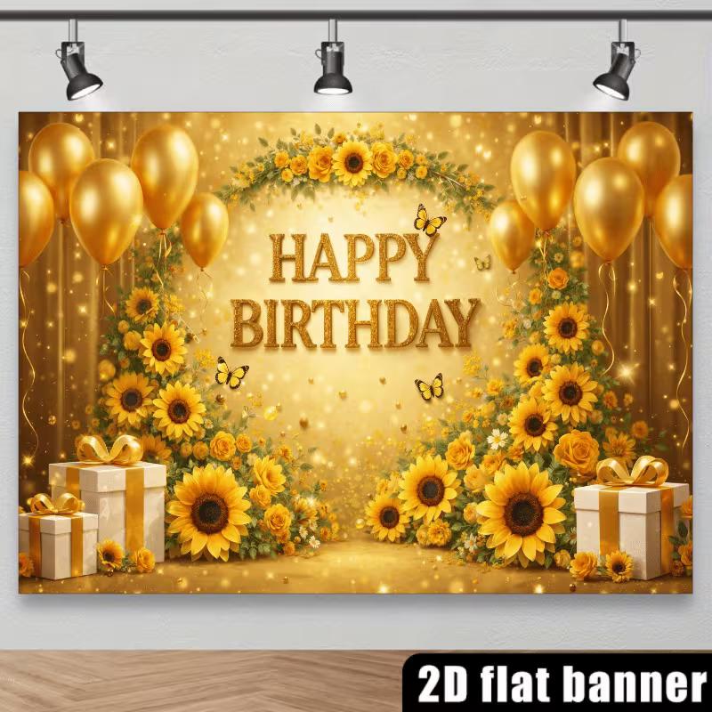 2D Sonnenblume Gold Geburtstag Fotografie Hintergrund mit Ballons & Geschenken