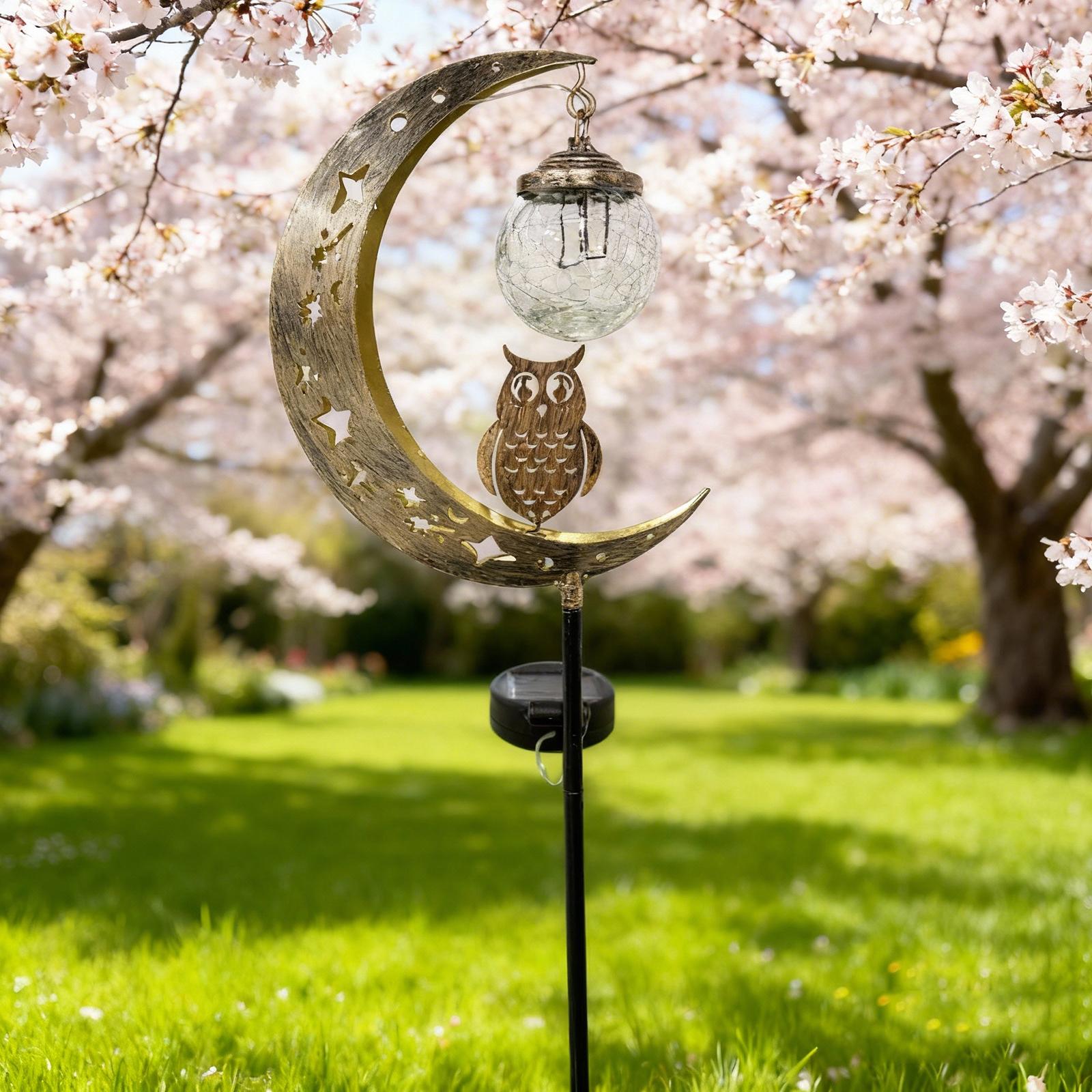 

Solar-Powered Moon-Shaped Ground Light with Owl & Glass Ball Decorations for Outdoor Garden Patio Walkway Holiday Gift 0-5W теплим білим кольором